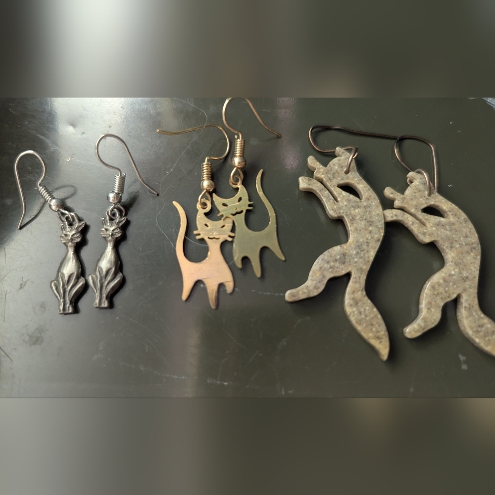 😺 Vintage Cat Set Quirky Animal 3 Pair Earrings Sterling Gold Tone Stone